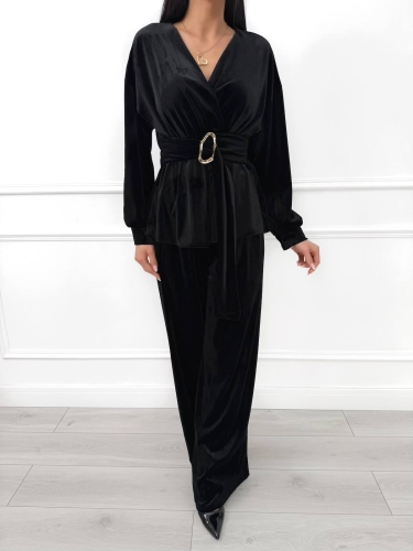 Czarny Elegancki Komplet ze Złotą Klamrą 14497-507-A