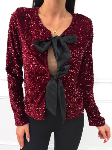 Bordowa Cekinowa Bluzka Narzutka z Wiązaniem 14499-427-B