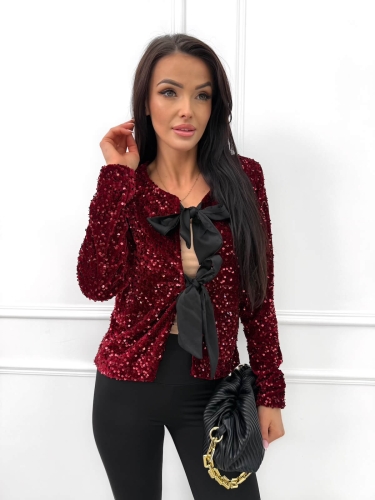 Bordowa Cekinowa Bluzka Narzutka z Wiązaniem 14499-427-B