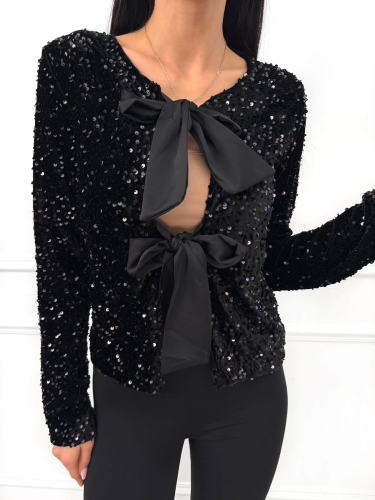 Czarna Cekinowa Bluzka Narzutka z Wiązaniem 14499-427-C