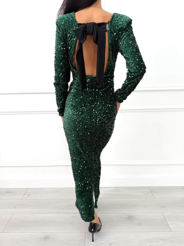 Zielona Cekinowa Sukienka Maxi z Ozdobnymi Plecami 14505-176-D