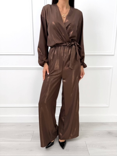 Czekoladowy Elegancki Połyskujący Kombinezon  14542-522-C