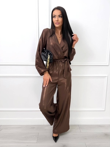 Czekoladowy Elegancki Połyskujący Kombinezon  14542-522-C