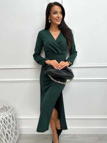Ciemnozielona Sukienka ze Ściągaczem Midi 13356-91-C