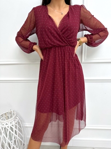 Bordowa Połyskująca Sukienka z Siateczką 13371-168-A