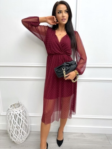 Bordowa Połyskująca Sukienka z Siateczką 13371-168-A