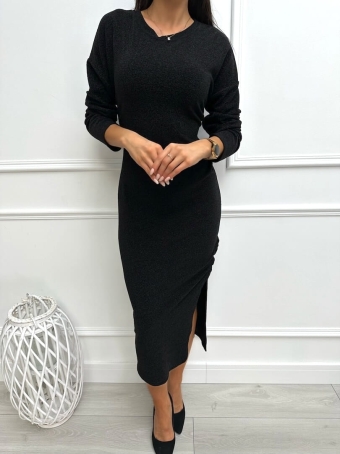 Czarna Połyskująca Sukienka z Marszczeniem 13357-76-A