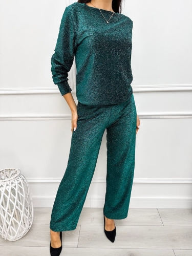 Zielony Połyskujący Komplet Bluzka + Spodnie 13312-176-C