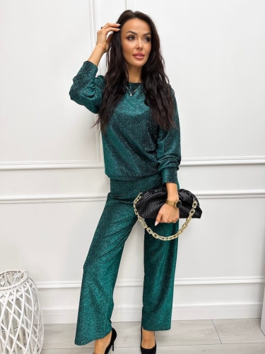 Zielony Połyskujący Komplet Bluzka + Spodnie 13312-176-C