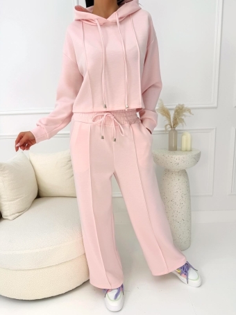 Pudrowy Komplet Krótka Bluza + Spodnie Wide Leg 14214-217-D