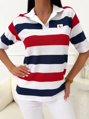 Granatowo-Czerwona Bluzeczka Polo w Paski 14738-23-A
