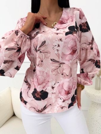 Pudrowa Bluzka z Motywem Kwiatowym  14737-152-A