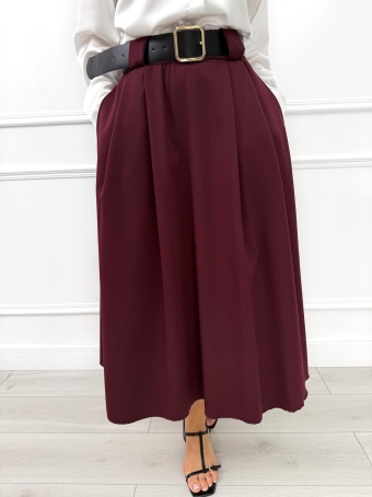 Burgundowa Rozkloszowana Spódnica Midi z Paskiem 14475-03-A