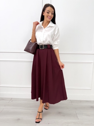 Burgundowa Rozkloszowana Spódnica Midi z Paskiem 14475-03-A