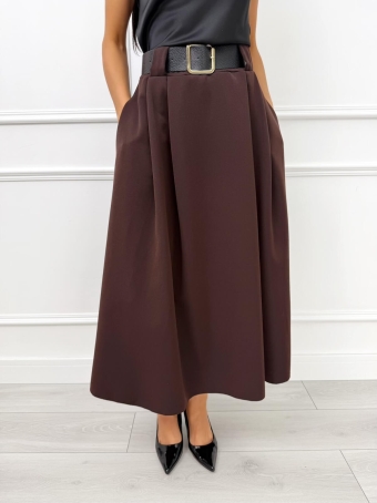 Ciemnobrązowa Rozkloszowana Spódnica Midi z Paskiem 14475-03-E