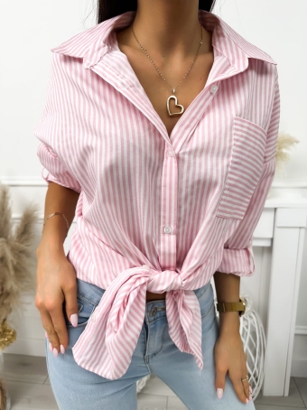 Pudrowo-Biała Koszula w Paski 10574-209-H