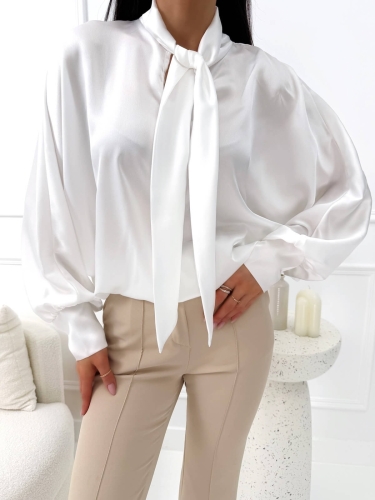 Kremowa Satynowa Bluzka z Wiązaniem 14694-106-A