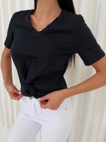 Czarny Krótki T-shirt z Różą 14741-98-B