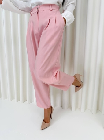 Pudrowe Materiałowe Spodnie Damskie z Zakładkami 14744-228-A