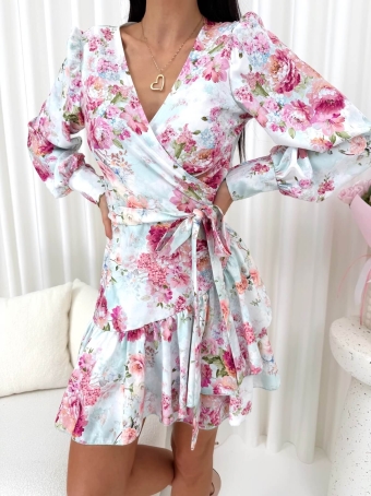 Miętowa Sukienka w Kwiaty z Wiązaniem po Boku  14763-73-B