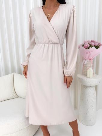 Beżowa Gładka Sukienka z Kopertowym Dekoltem  14764-130-A