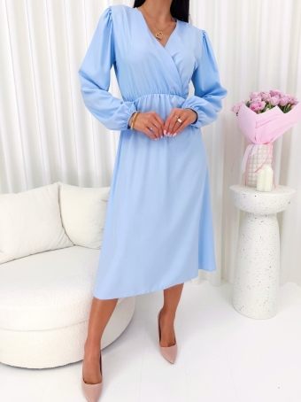 Błękitna Gładka Sukienka z Kopertowym Dekoltem  14764-130-B