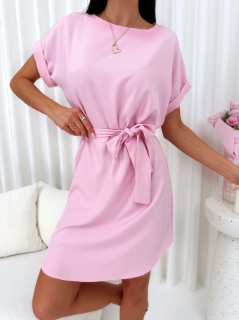 Pudrowa Klasyczna Sukienka z Paskiem 14767-517-E