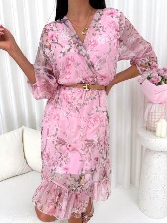 Pudrowa Sukienka w Kwiaty z Kopertowym Dekoltem 14768-200-C