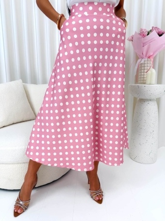 Pudrowa Rozkloszowana Spódnica w Grochy 14769-293-B