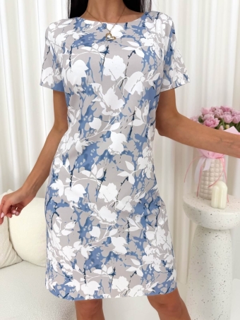 Beżowa Prosta Sukienka ze Wzorem  14774-268-A