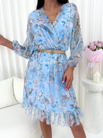 Błękitna Sukienka w Kwiaty z Kopertowym Dekoltem 14768-200-A