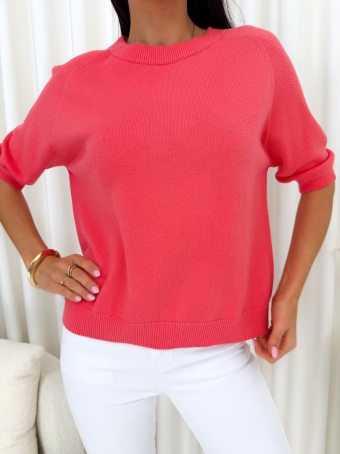 Koralowy Gładki Sweterek z Krótkimi Rękawami 14796-356-B