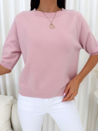 Pudrowy Gładki Sweterek z Krótkimi Rękawami 14796-356-D