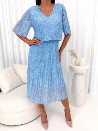 Błękitna Plisowana Sukienka w Grochy 14815-523-B