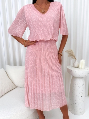 Pudrowa Plisowana Sukienka w Grochy 14815-523-D