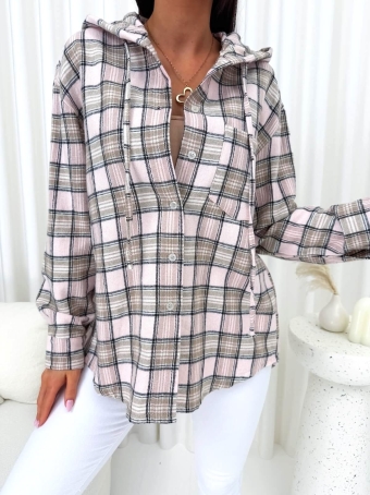 Pudrowa Koszula w Kratę z Kapturem 14817-508-A