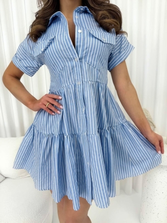 Niebieska Koszulowa Sukienka w Paski z Falbankami 14830-269-A