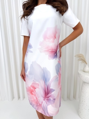 Kremowa Prosta Sukienka w Kwiaty  14841-340-Q