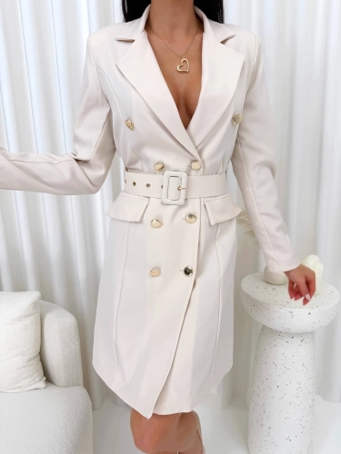 Beżowa Elegancka Marynarkowa Sukienka  14831-286-A