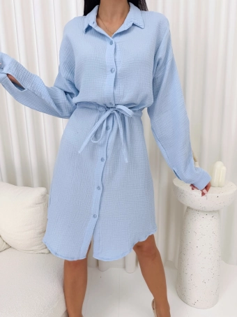 Błękitna Koszulowa Sukienka z Wiązaniem w Talii 14853-226-A