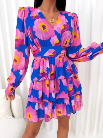 Kobaltowo-Różowa Sukienka w Kwiaty z Falbankami 14863-174-A