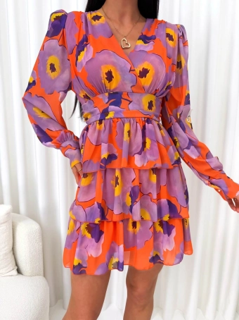 Pomarańczowo-Fioletowa Sukienka w Kwiaty z Falbankami 14863-174-B