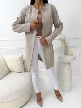 Beżowy Długi Żakiet z Zapięciem  14674-169-A