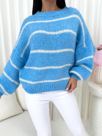 Niebieski Sweter z Bufiastymi Rękawami w Paski 14786-221-B