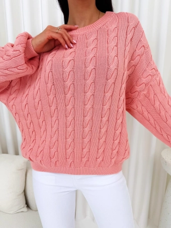 Łososiowy Sweterek Oversize z Warkoczowym Splotem 14789-307-A