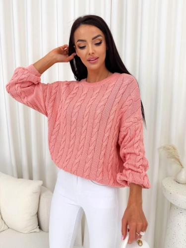 Łososiowy Sweterek Oversize z Warkoczowym Splotem 14789-307-A