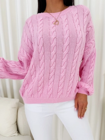 Pudrowy Sweterek Oversize z Warkoczowym Splotem 14789-307-B