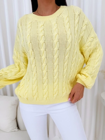 Żółty Sweterek Oversize z Warkoczowym Splotem 14789-307-C