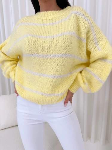 Żółty Sweter z Bufiastymi Rękawami w Paski 14786-221-D