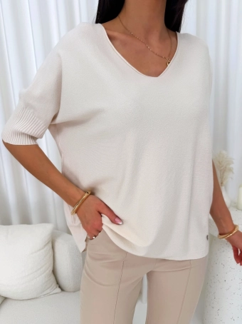 Beżowy Cienki Sweterek z Dekoltem V  14722-104-A